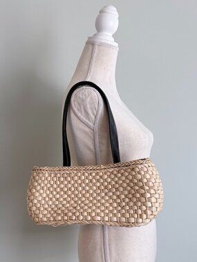 Vintage Avon Rattan/Straw Polka Dot Expansion Pouch With Drawstring Handbag